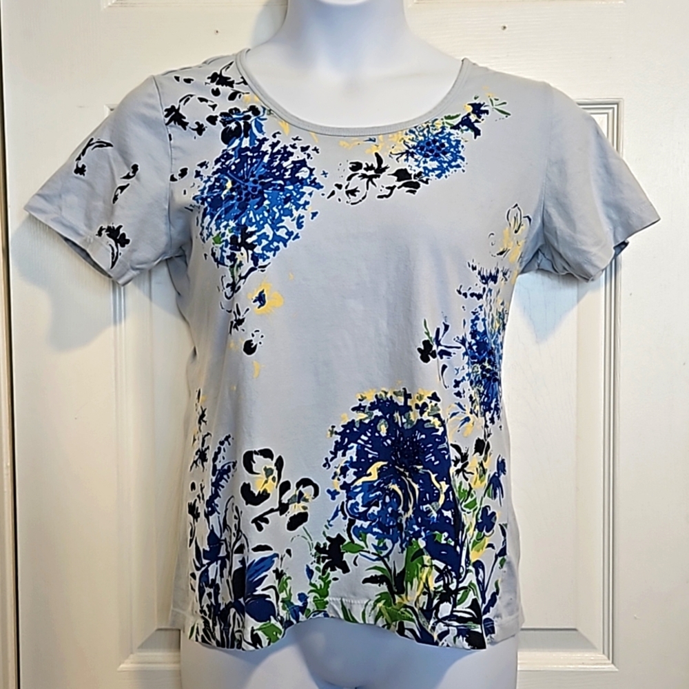 Laura Scott, 100% cotton, floral, beaded, short sleeve tee.